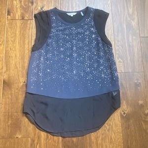 Rebecca Taylor size 0 Navy Blue Black Silk Crystal Studded Sleeveless Top